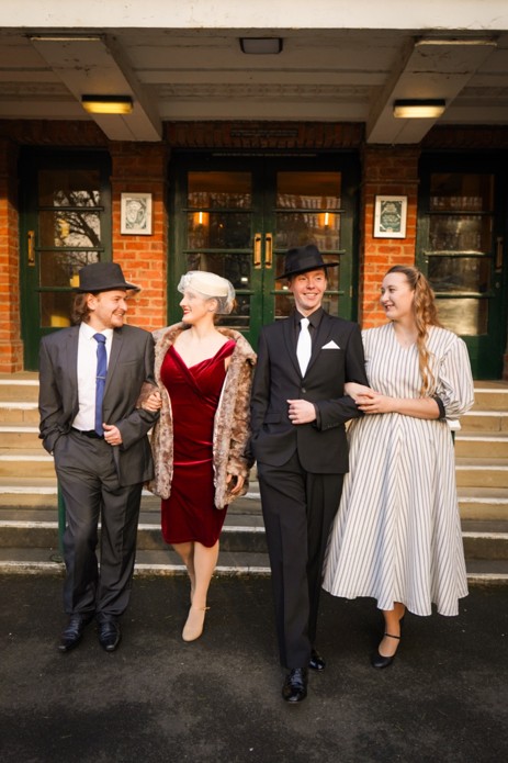 From Left to Right: Kit Stroud (Nathan Detroit), Jennifer Jones (Miss Adelaide), Callum Mathers (Sky Masterson), Rebecca Jackson (Sarah Brown) (Image credit: Georgia Davies)